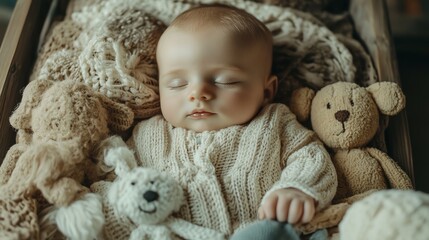 Sticker - A newborn baby sleeps soundly wrapped in a soft blanket in a wicker basket.