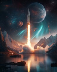 Wall Mural - A powerful rocket blasts off trail of fire and smoke behind. The rocket launches from a futuristic, mountainous landscape, with a lake reflecting the glow of the launch.