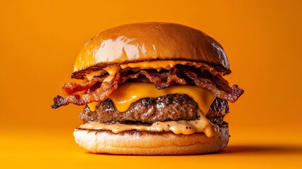 A cheeseburger with bacon and onion on a orange background.