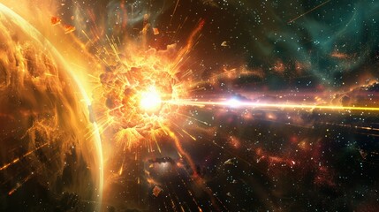 Wall Mural - A fiery explosion erupts in space, illuminating the surrounding nebula with an intense orange glow.