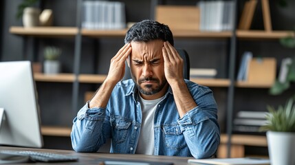 Aufkleber - A middle-aged man rubbing his temples, suffering from a headache caused by long hours in front of a computer screen. His slouched posture at the desk emphasizes the physical toll of his desk job.