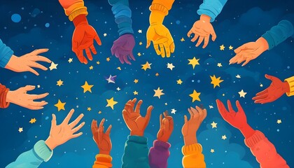 Wall Mural - Diverse Hands Reaching for Stars in a Deep Blue Sky Symbolizing Unity and Collaboration