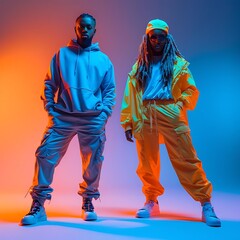 Two stylish individuals in vibrant streetwear against a colorful backdrop.