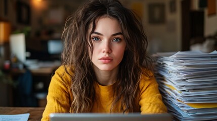 Aufkleber - A busy office worker typing frantically on their computer with stacks of paperwork beside them. Dark circles under the eyes, messy hair, and an anxious expression suggest the effects of overworking