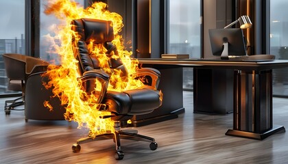 executive chair consumed by flames in a luxurious office setting