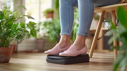 Poster - A close-up of an ergonomic footrest under a desk, supporting an employees feet while they work. The image highlights how small ergonomic tools can contribute to overall comfort and well-being in the
