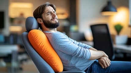 Aufkleber - An office worker using ergonomic aids such as a lumbar cushion and wrist supports while attending an ergonomic consultation. The consultant offers advice on how to adjust the workstation to prevent