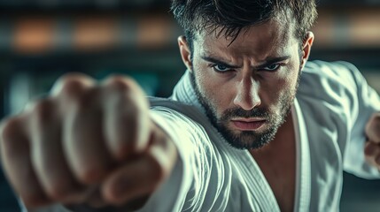 A man in a white karate uniform is throwing a punch.