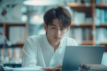 A young Japanese man in his early to mid-20s is sitting at an office desk, focused on typing on the laptop screen.