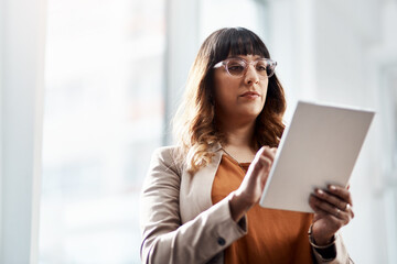 Poster - Tablet, networking and businesswoman in office for creative project for international public relations client. Research, digital technology and communications director with email for media report.