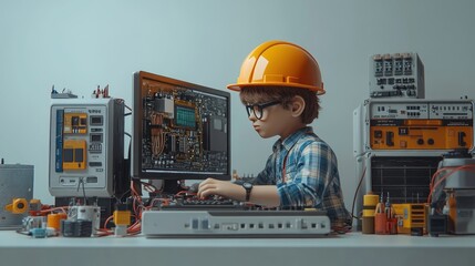 Child in hard hat working on computer hardware and electronics.