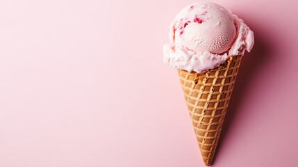 Poster - A scoop of pink ice cream in a waffle cone, on a pink background.