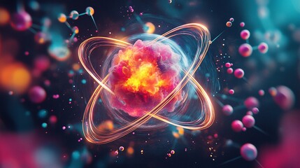 Wall Mural - Abstract depiction of an atom with swirling energy and glowing orbs.