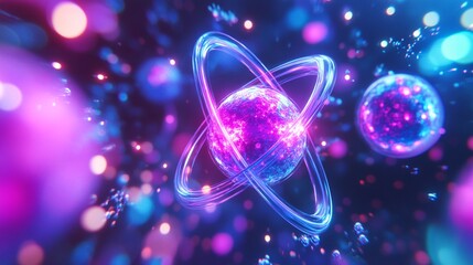 Wall Mural - A vibrant, abstract rendering of a glowing atom, showcasing the intricate dance of energy and light in a mesmerizing display of color and movement.
