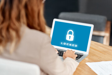 Fototapete - Hand, laptop screen and lock icon in office with typing, display and ux for cybersecurity system. Person, computer and software with symbol, protection and safety from virus, phishing or hacking