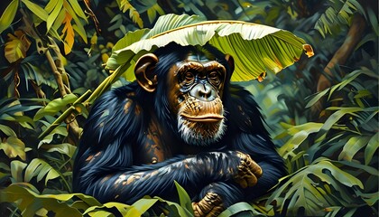 Wall Mural - Chimpanzees utilizing large leaves for shade during midday in a lush jungle environment