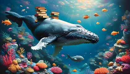 Whale Wisdom: An Underwater Classroom of Marine Life Surrounded by Colorful Coral and Knowledge