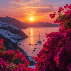 Sticker - Vibrant sunset over a calm bay with sailboats and pink flowers in the foreground.