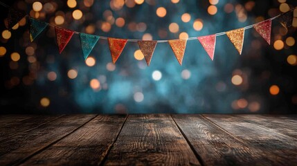 Poster - Colorful party flags hanging over rustic wooden table with sparkling bokeh lights