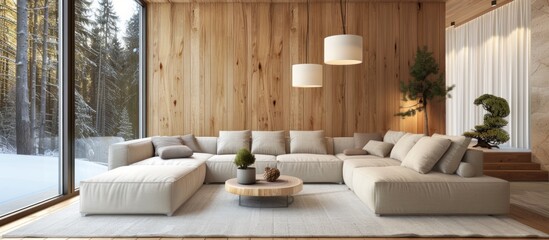 Poster - Modern Living Room with Wooden Walls and Forest View