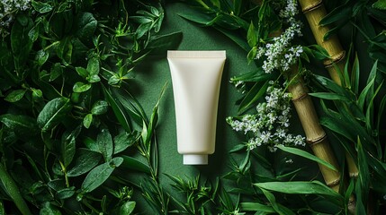 Wall Mural - White tube of cream surrounded by green leaves and bamboo on a green background.