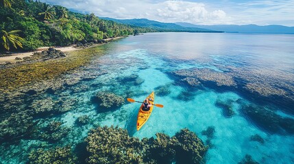 Wall Mural - A person kayaks through crystal clear turquoise water, with a tropical island in the distance.