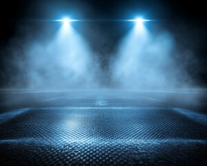 Wall Mural - Two bright spotlights illuminate a dark, smoky stage with a textured floor, creating a dramatic and mysterious atmosphere.