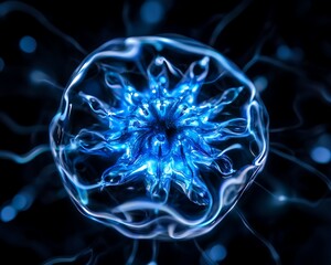 Wall Mural - A glowing blue plasma sphere with intricate patterns of electricity swirling around it. The sphere is centered in the frame