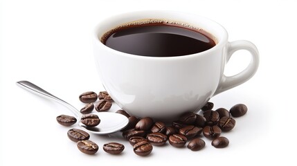 Wall Mural - Black coffee served in a white cup, accompanied by a coffee spoon, isolated against a white background.