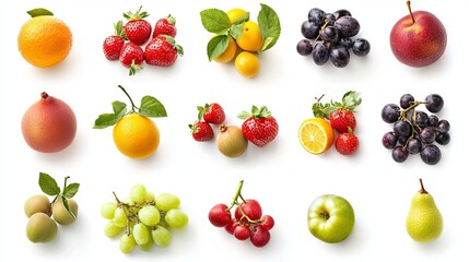 A collection of various ripe fruits arranged against a white background, showcasing their vibrant colors and fresh appeal. 