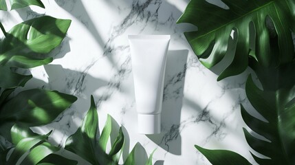 Wall Mural - White tube of lotion on marble surface with tropical leaves.