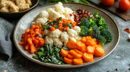 A diet-friendly meal featuring slices of carrot, cauliflower, Chinese broccoli, tempeh, and tafo in bacem, an Indonesian dish. 