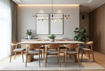 Poster - Interior design of modern dining room, dining table and wooden chairs