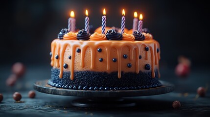 A festive cake with orange frosting and candles for celebration.