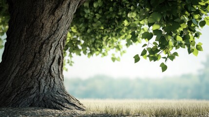 Poster - Tree Trunk Close Up with Green Leaves