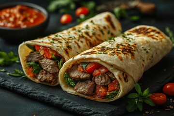 Canvas Print - Greek gyros wrapped in pita bread. Shawarma, grilled pita on dark background. With fresh meat and vegetables. 