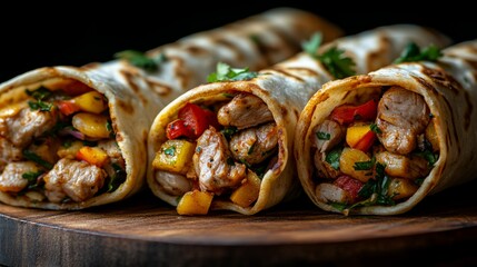 Poster - Greek gyros wrapped in pita bread. Shawarma, grilled pita on dark background. With fresh meat and vegetables. 