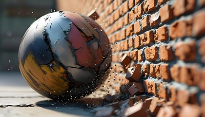 Dynamic 3D rendering of a wrecking ball mid-swing ready to shatter a wall of carefully stacked blocks, showcasing the power of destruction in motion