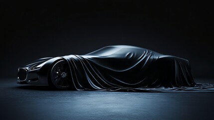 Canvas Print - A black sports car covered with a black sheet.