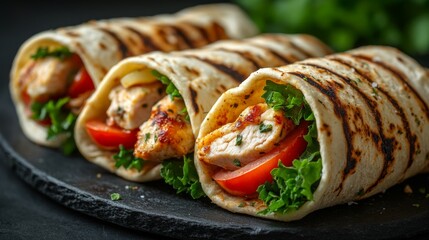 Wall Mural - Greek gyros wrapped in pita bread. Shawarma, grilled pita on dark background. With fresh meat and vegetables. 