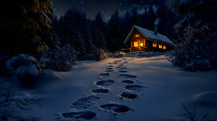 Footprints in the snow leading to a cozy cabin, lit from within, on a dark snowy night