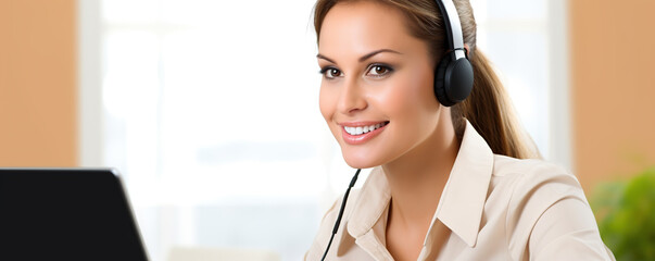 Young woman using a headset while working on a laptop