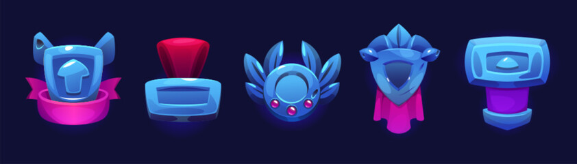 Poster - Ui game medal icon for achievement vector design. Prize shield and reward emblem banner for gamer app interface. Casino gui png bonus with gem and pink ribbon. Blue winner frame for complete level