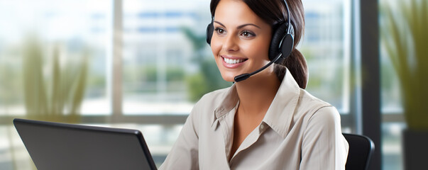 Young woman using a headset while working on a laptop