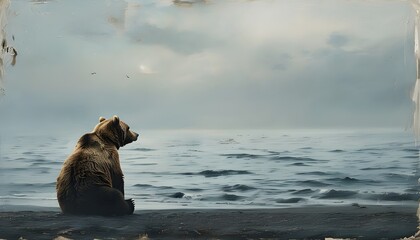 Solitary bear contemplatively watching the vast sea in a desolate landscape, evoking deep feelings of isolation and melancholy