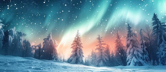 Poster - Aurora Borealis over Snowy Forest