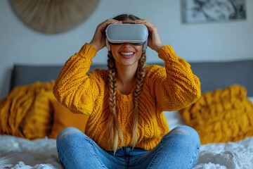 Wall Mural - Young women watching VR movies and TV shows indoors