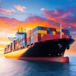 © Ai-Pixel - A vibrant cargo ship loaded with colorful containers sailing across calm waters at sunset, showcasing maritime trade.