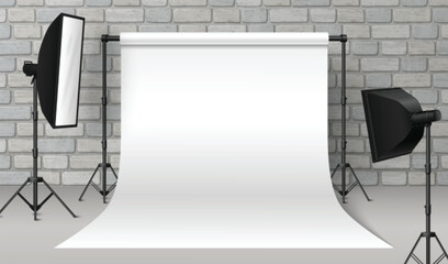 Wall Mural - photo studio room interior with white paper backdrop on tripod holders, professional spot light with