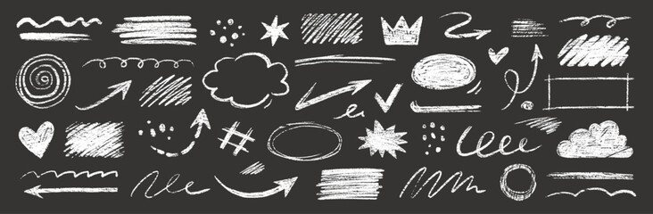 Poster - Doodle line chalk brush element set on blackboard. Chalkboard texture brush stroke square, spiral, arrow element scribble line hand drawn sketch design. Crayon pencil style. Vector illustration.
